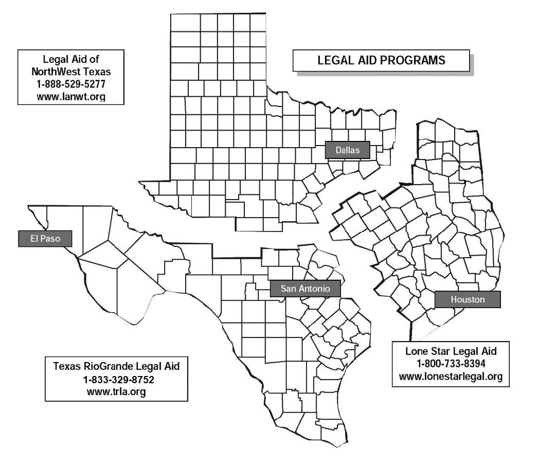Texas map showing regions served by Legal Aid of NorthWest Texas, Texas RioGrande Legal Aid, and Lone Star Legal Aid programs