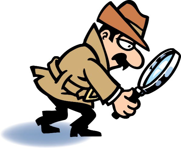Cartoon image of an inspector searching for clues with a magnifying glass
